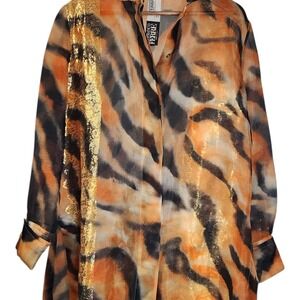 Vintage Gianfranco Ferre Silk Sheer Animal Print Blouse Gold Panel Italy IT 44